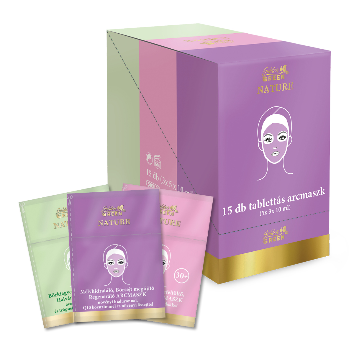 Golden GREEN Nature Tablettás Fátyol Arcmaszk Hatóanyag Koktéllal kínáló dobozban 3 Féle x 10 ml